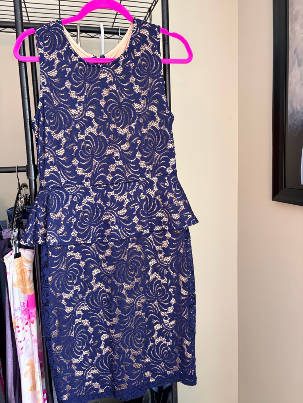 Navy Lace Peplum Midi Dress - Women's